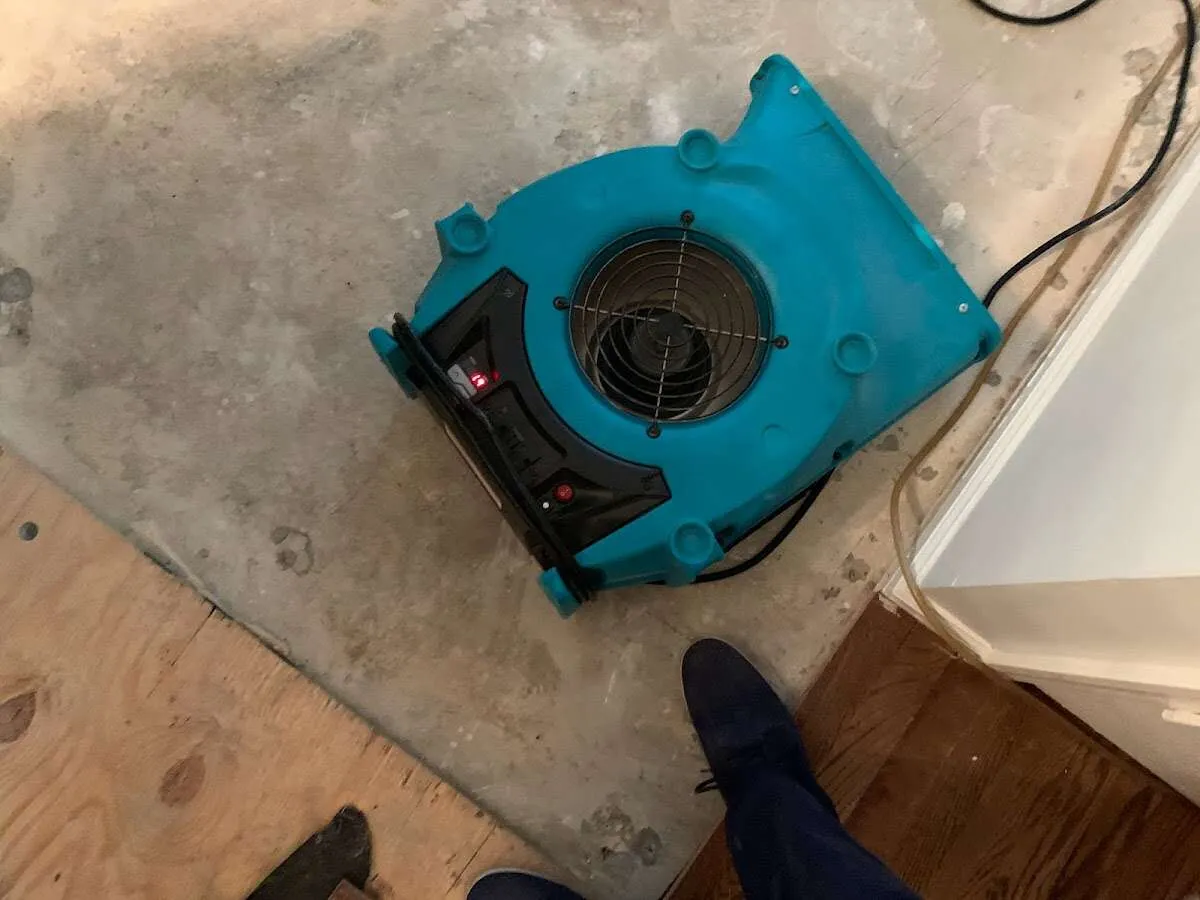 Air mover drying subfloor during Leak Detection & Repair in Maywood